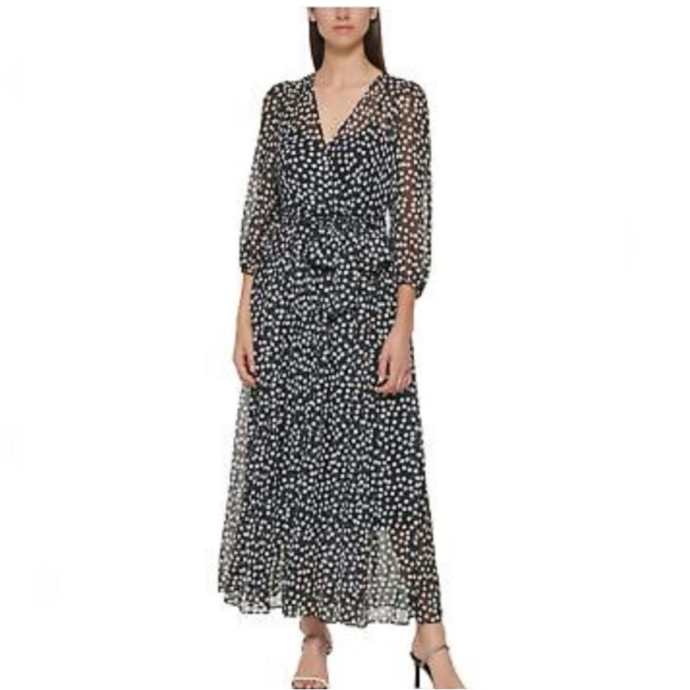 NWT Calvin Klein Black White Polka Dot Maxi Dress Size 2